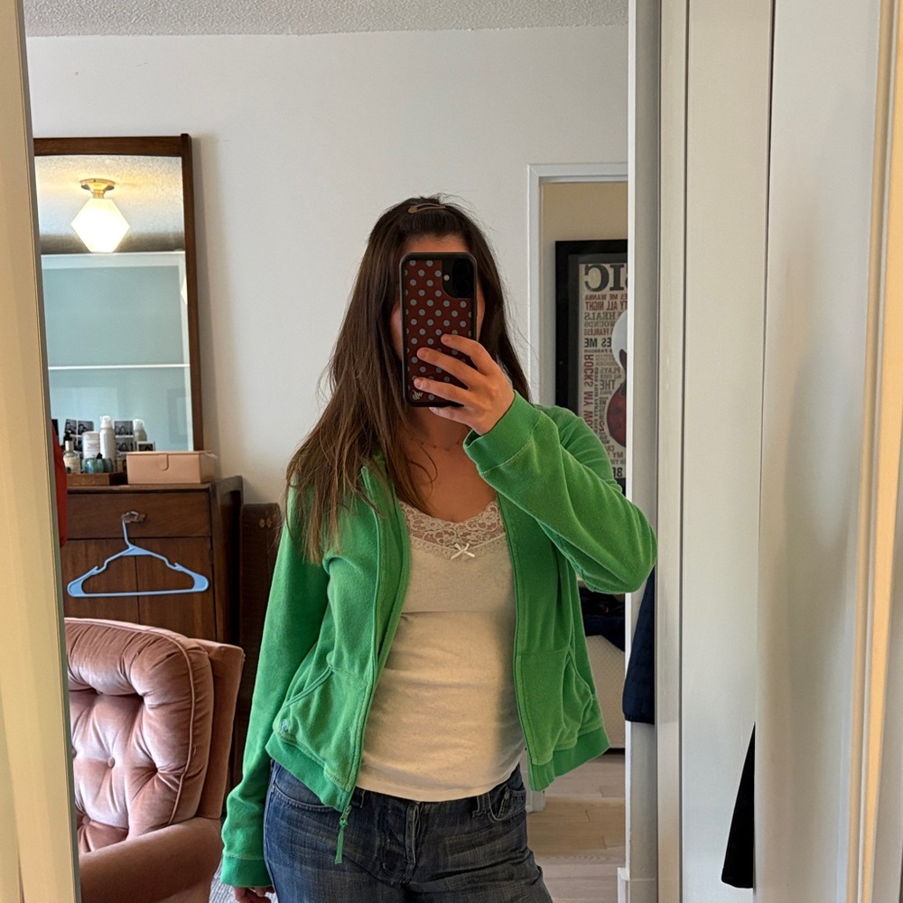 Green y2k Women's Zip-Up Sweater